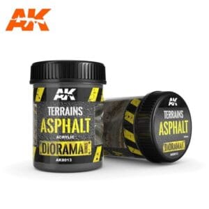 AK brand acrylic asphalt paint jars for realistic diorama landscapes.