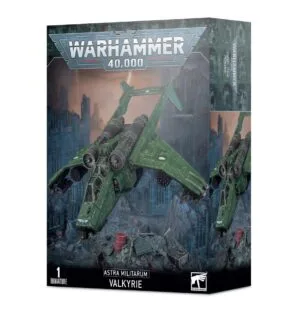 Astra Militarum Valkyrie model kit box art showcasing futuristic aircraft in a dystopian landscape.