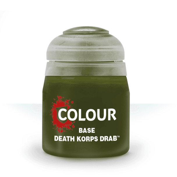 Deep green Death Korps Drab model paint for realistic military detailing and dioramas.