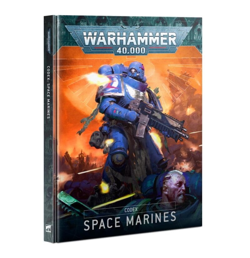 Epic cover art of Warhammer 40,000 Space Marines Codex featuring a battle-ready hero.