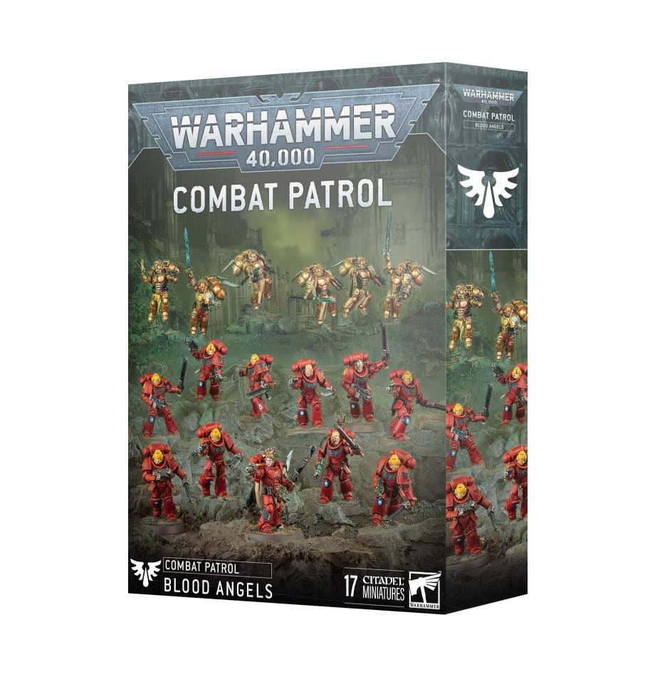 Blood Angels Combat Patrol set features detailed miniatures and striking artwork in a captivating design.