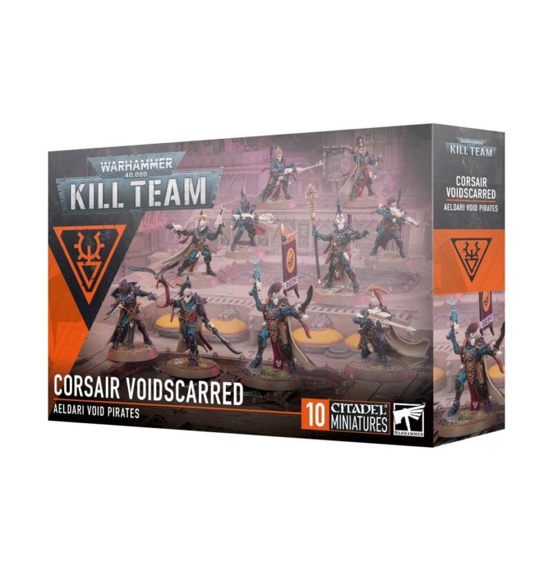 Corsair Voidscarred miniatures box for Warhammer Kill Team, featuring vibrant art and tactical gameplay.
