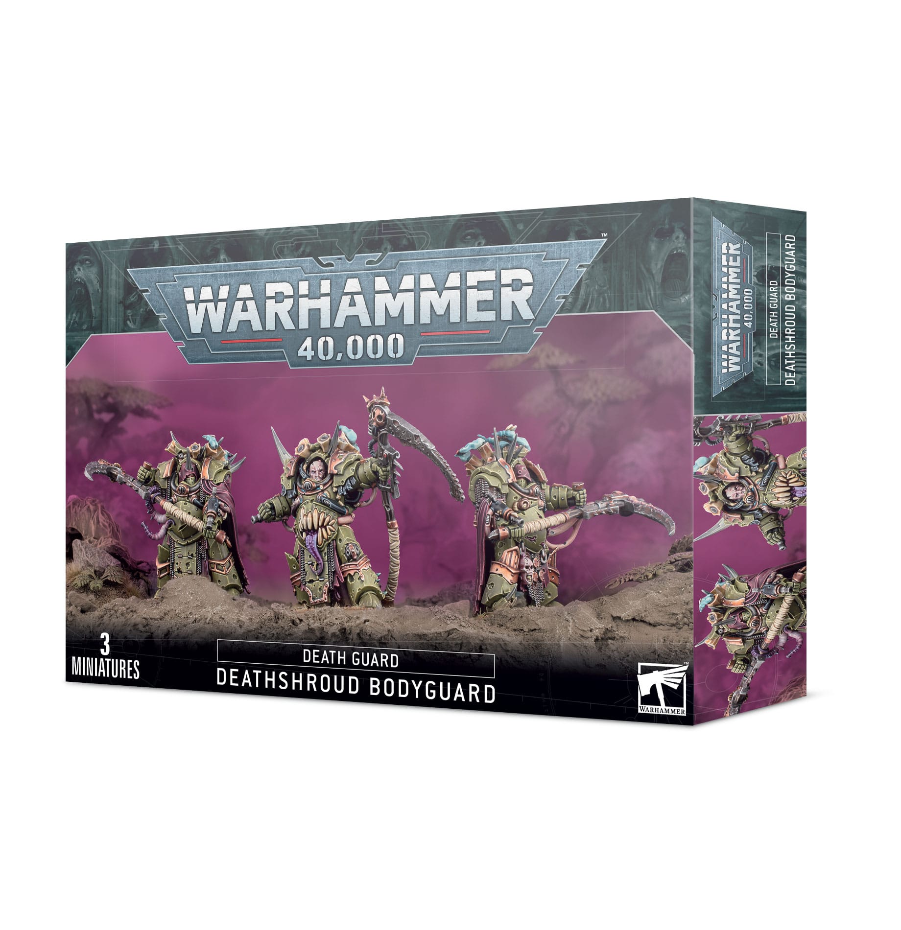 Death Guard Deathshroud miniatures set for Warhammer 40,000, featuring intricate designs and dramatic artwork.