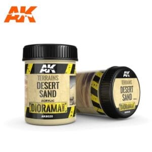 Desert Sand acrylic paint for dioramas and models by AK Interactive, two jars displayed.