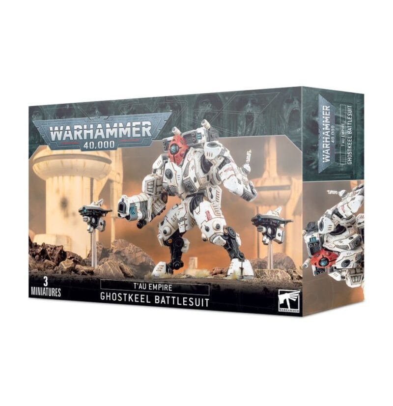 Ghostkeel Battlesuit box art showcases dynamic design and Sci-Fi aesthetics from Warhammer 40,000.