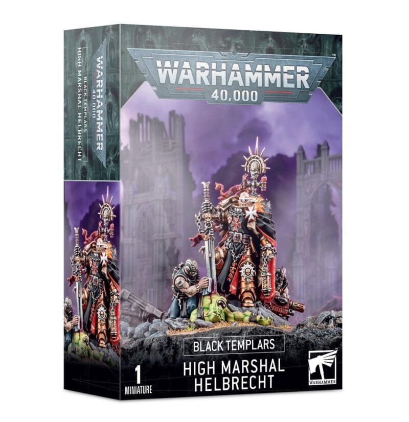 High Marshal Helbrecht miniature from Warhammer 40,000, featuring detailed Black Templars armor and weapon.