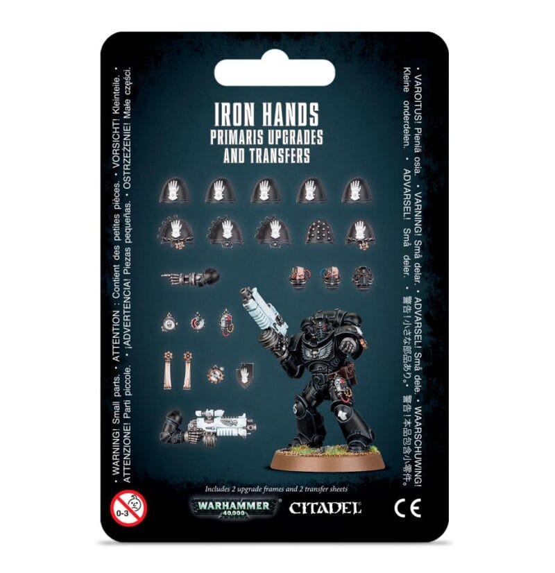 Iron Hands Primaris Space Marine Miniature Set with customizable parts and detailed artwork.