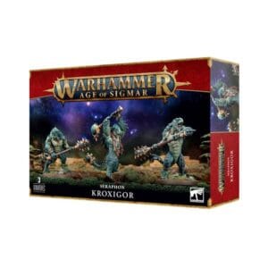 Kroxigor Miniature Set for Warhammer: Age of Sigmar features detailed reptilian warriors in dynamic poses.