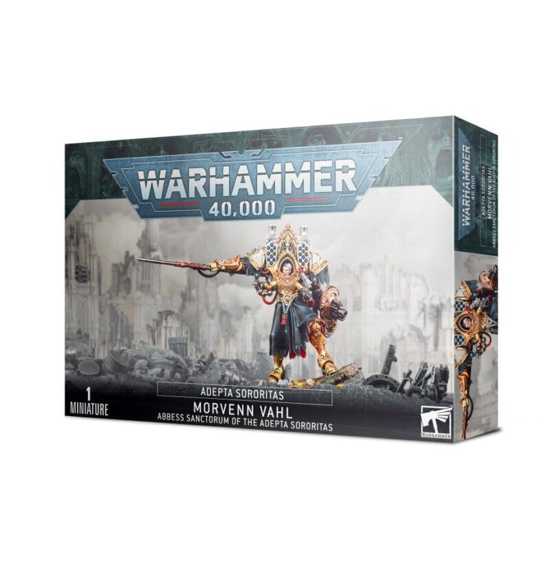 Morvenn Vahl Miniature from Warhammer 40,000: Fierce Adepta Sororitas character with intricate armor details.