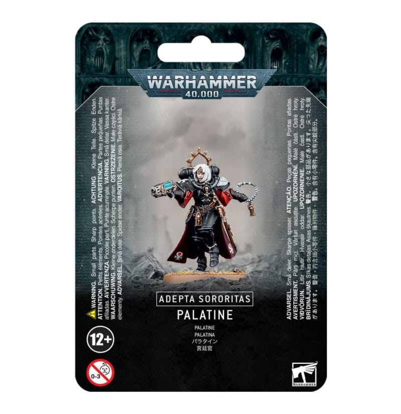 Palatine miniature from Warhammer 40,000, showcasing Sisters of Battle in detailed armor with dynamic pose.