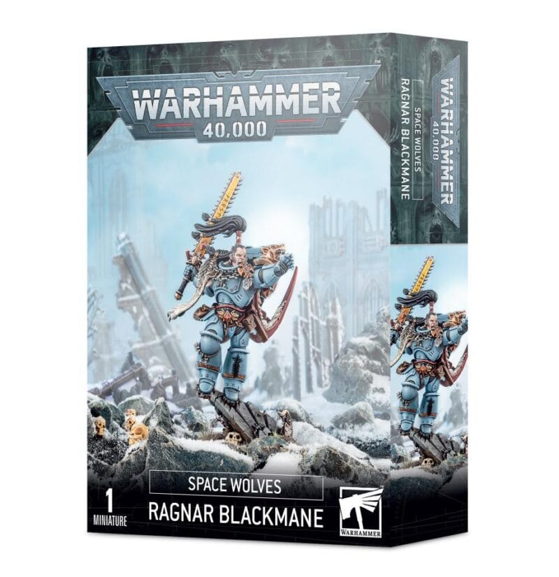 Ragnar Blackmane Space Wolf miniature from Warhammer 40,000, poised for battle in a grimdark setting.