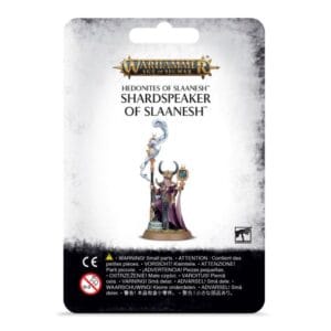 Shardspeaker of Slaanesh miniature packaging from Warhammer Age of Sigmar, showcasing intricate design and allure.