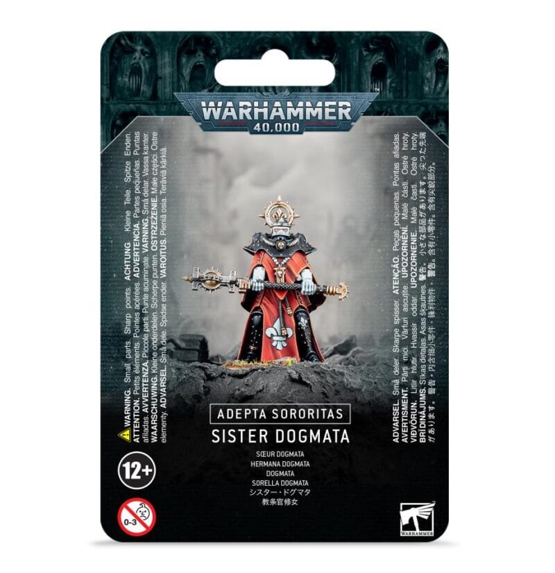 Sister Dogmata Miniature Packaging from Warhammer 40,000: Dark design, ornate armor, assembly details included.