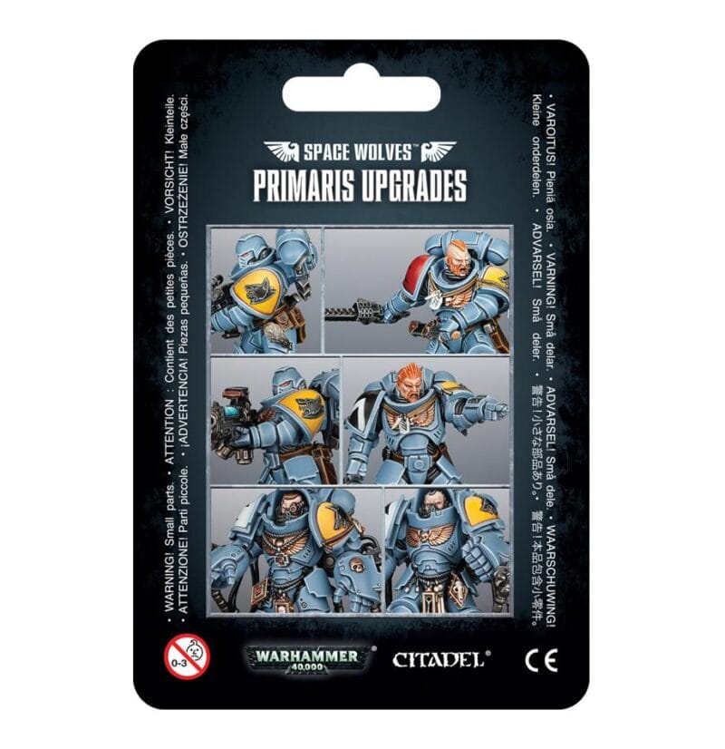 Space Wolves Primaris upgrade figurines featuring detailed models and iconic designs in striking packaging.