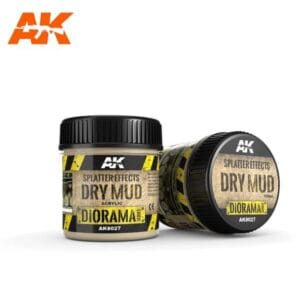 Realistic dry mud for dioramas – AK Interactive Splatter Effects jars in sleek design.