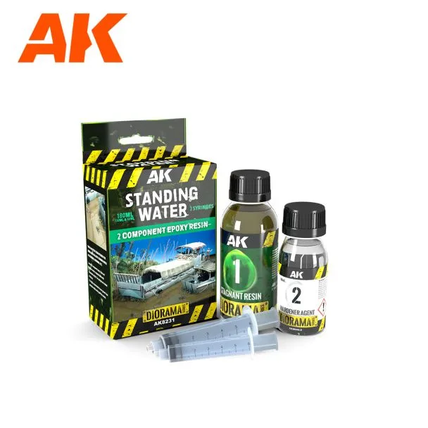 AK Standing Water epoxy resin for creating realistic water effects in dioramas and models.