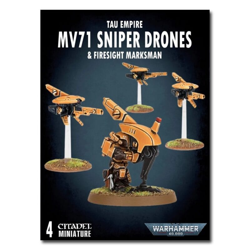 Tau Empire Sniper Drones and Firesight Marksman miniatures in vibrant colors against a black background.