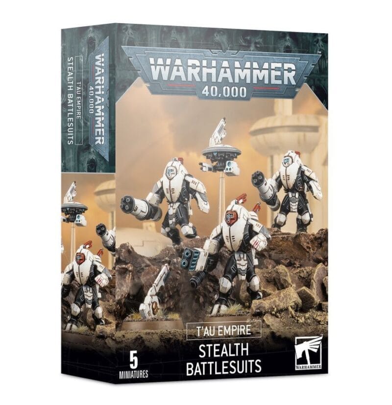 Tau Empire Stealth Battlesuits Miniatures Set for Warhammer 40,000: Five dynamic sci-fi units.