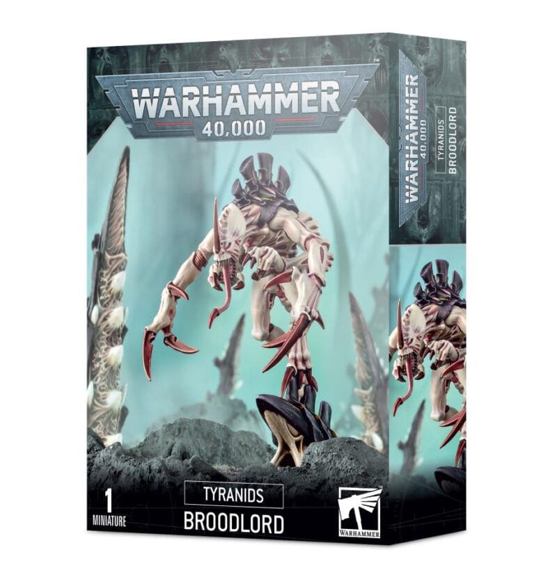 Tyranids Broodlord model box for Warhammer 40K, featuring dynamic art and intricate details.