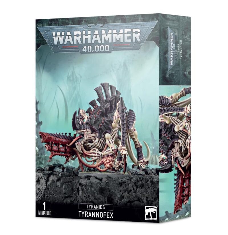 Tyranids Tyrannofex model kit packaging showcasing detailed design and Warhammer 40,000s grimdark aesthetic.