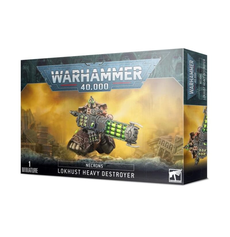 Warhammer 40K Lokhust Heavy Destroyer model packaging featuring a Necron figure in a ruined landscape.