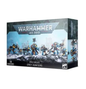 Warhammer 40,000 Space Wolves Grey Hunters set with 10 customizable miniatures and dynamic artwork.