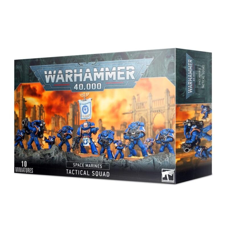 Warhammer 40K Space Marines Tactical Squad: Ten detailed miniatures in dynamic poses and blue armor.