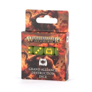 Warhammer Age of Sigmar Destruction Dice Set features vibrant green dice with yellow markings.