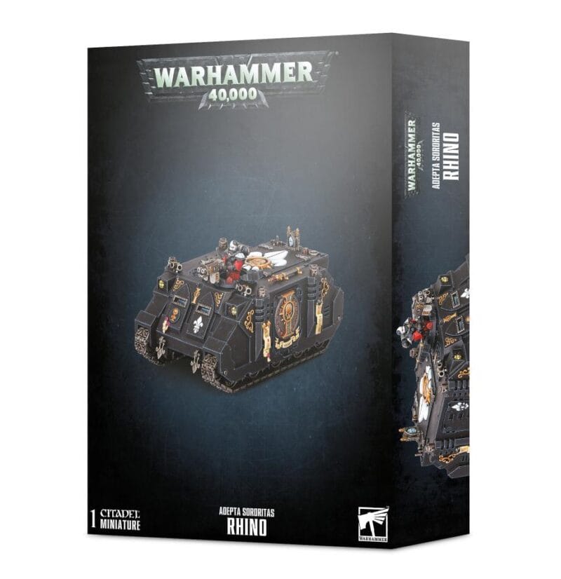 Warhammer 40,000 Rhino Transport Model Kit packaging featuring sleek design and intricate detailing.