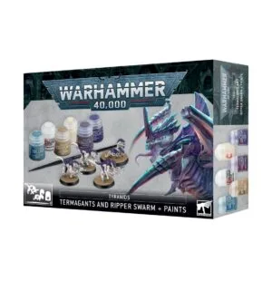 Warhammer 40,000 Tyranids boxed set with miniatures, paint pots, and gaming essentials for enthusiasts.