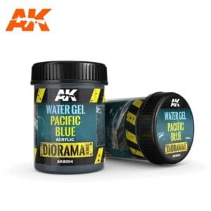 AK Water Gel Pacific Blue enhances dioramas with realistic water effects in vibrant packaging.