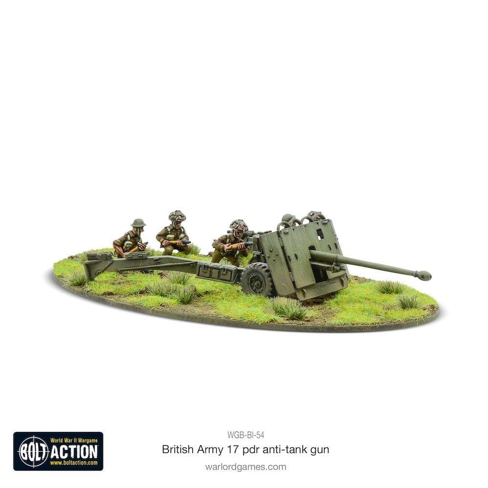British Army 17-pounder anti-tank gun diorama with soldiers in World War II action scene.
