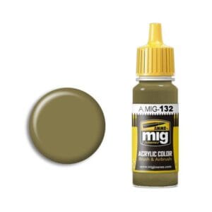 A.MIG-132 Olive Drab Acrylic Paint for models, ideal for natural and military-themed projects.