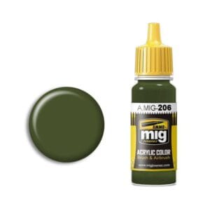 A.MIG-206 green acrylic paint with precision applicator and vibrant color swatch for artists.
