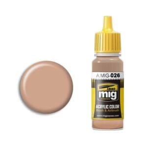 A.MIG-026 beige acrylic paint for model building, featuring a clear bottle and glossy sample.