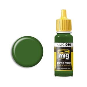 Green acrylic paint by AMMO with yellow cap and matching color sample for artists.
