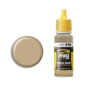 Beige acrylic paint by MIG Productions with swatch, ideal for airbrush and detailed art projects.