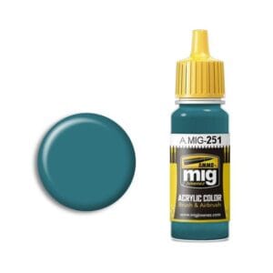 Vibrant teal acrylic paint by A.MIG, MIG-251, with yellow cap and color swatch.