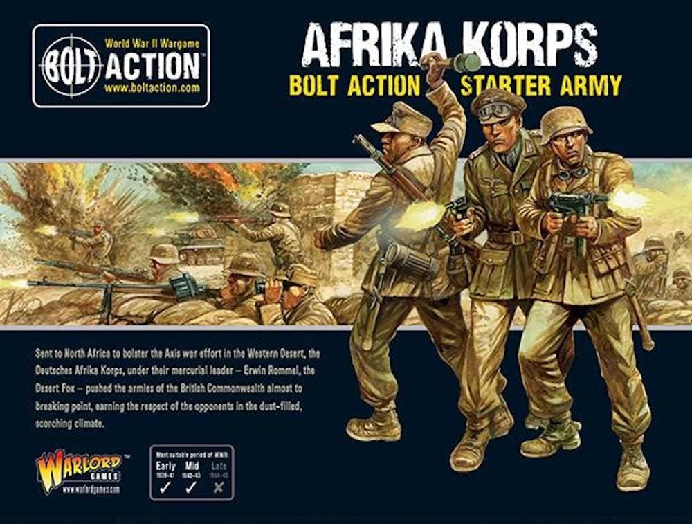 Afrika Korps soldiers in combat gear, set against a detailed North African desert backdrop.