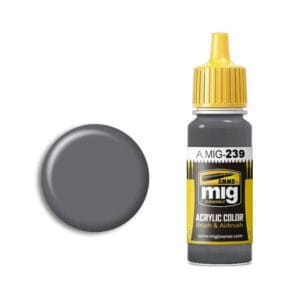 A.MIG-239 Gray Acrylic Paint in ergonomic bottle with yellow cap, ideal for artists and modelers.
