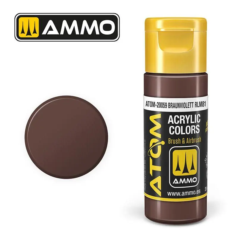Ammo acrylic paint in Braunviolett with a yellow cap and color swatch showcasing its rich hue.