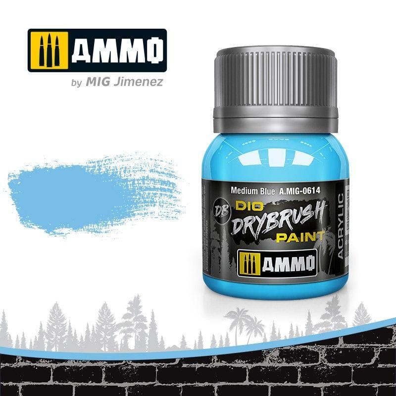 Vibrant blue drybrush paint by Ammo by MIG Jimenez, perfect for modelers and artists.