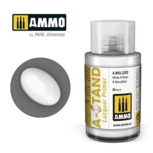 Ammo by MIG Jiménez A.STAND Lacquer Primer & Microfiller in 30 mL sleek bottle.