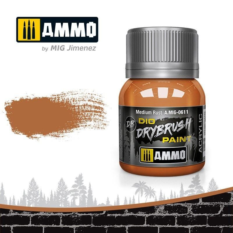 Ammo by MIG Medium Rust drybrush paint for realistic weathering and detailing in modeling.