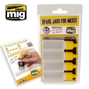 Clear spare jars with yellow caps from Ammo by Mig Jimenez for organized model building.