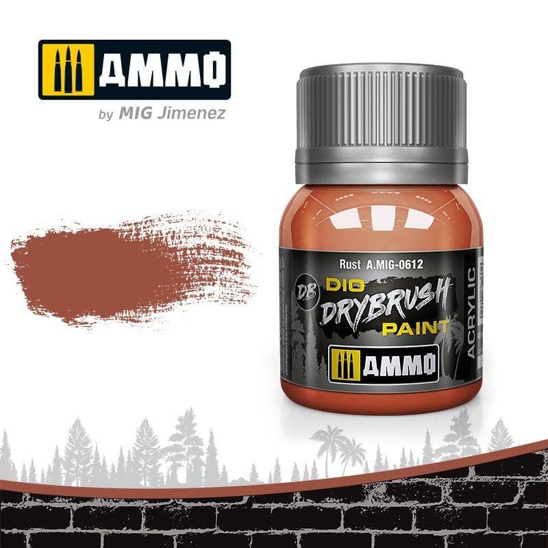 AMMO by MIG Jimenez Rust Drybrush Paint (A.MIG-0612) in warm amber for model detailing.