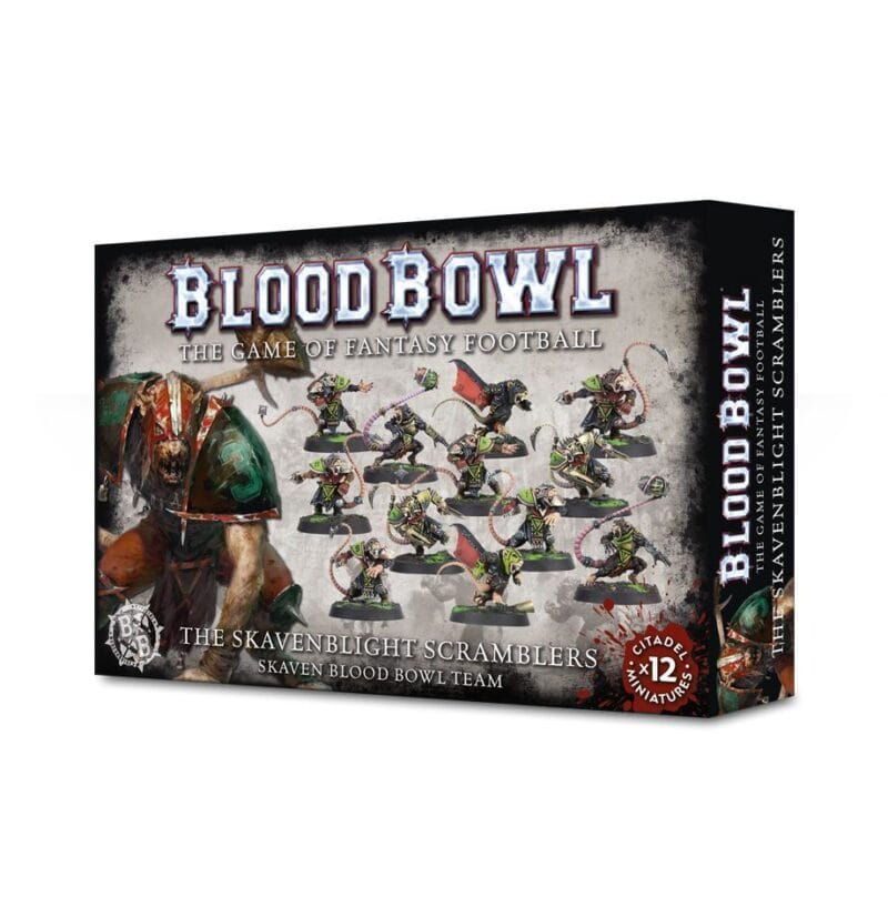 Skavenblight Scramblers: Blood Bowl expansion with 12 dynamic rat-like miniatures for tabletop gaming.