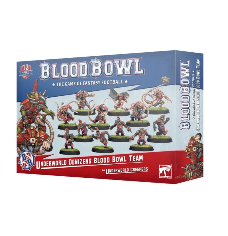 Blood Bowl: Underworld Denizens box art showcases vibrant miniatures in a fantasy football setting.