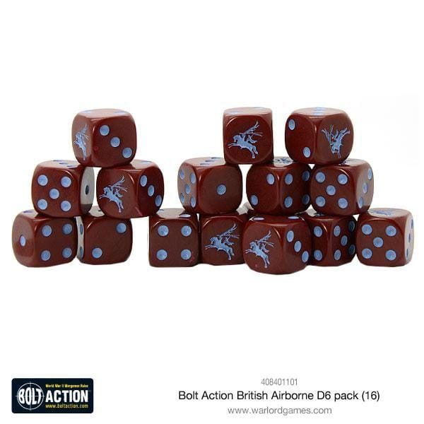 British Airborne D6 dice set for Bolt Action, featuring 16 brown dice with blue pips.