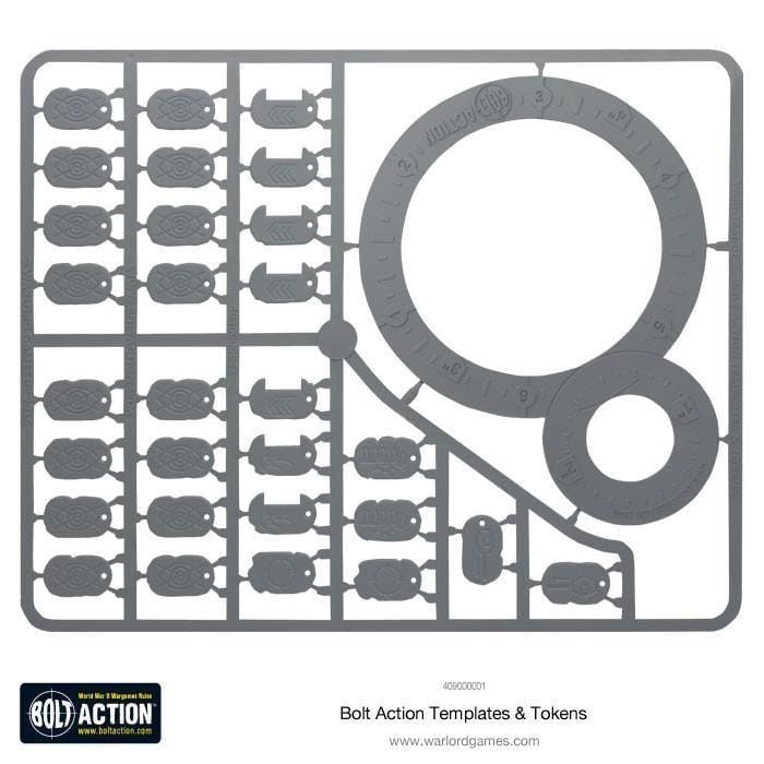 Gray plastic sprue for Bolt Action, featuring tokens and templates for enhanced gameplay.